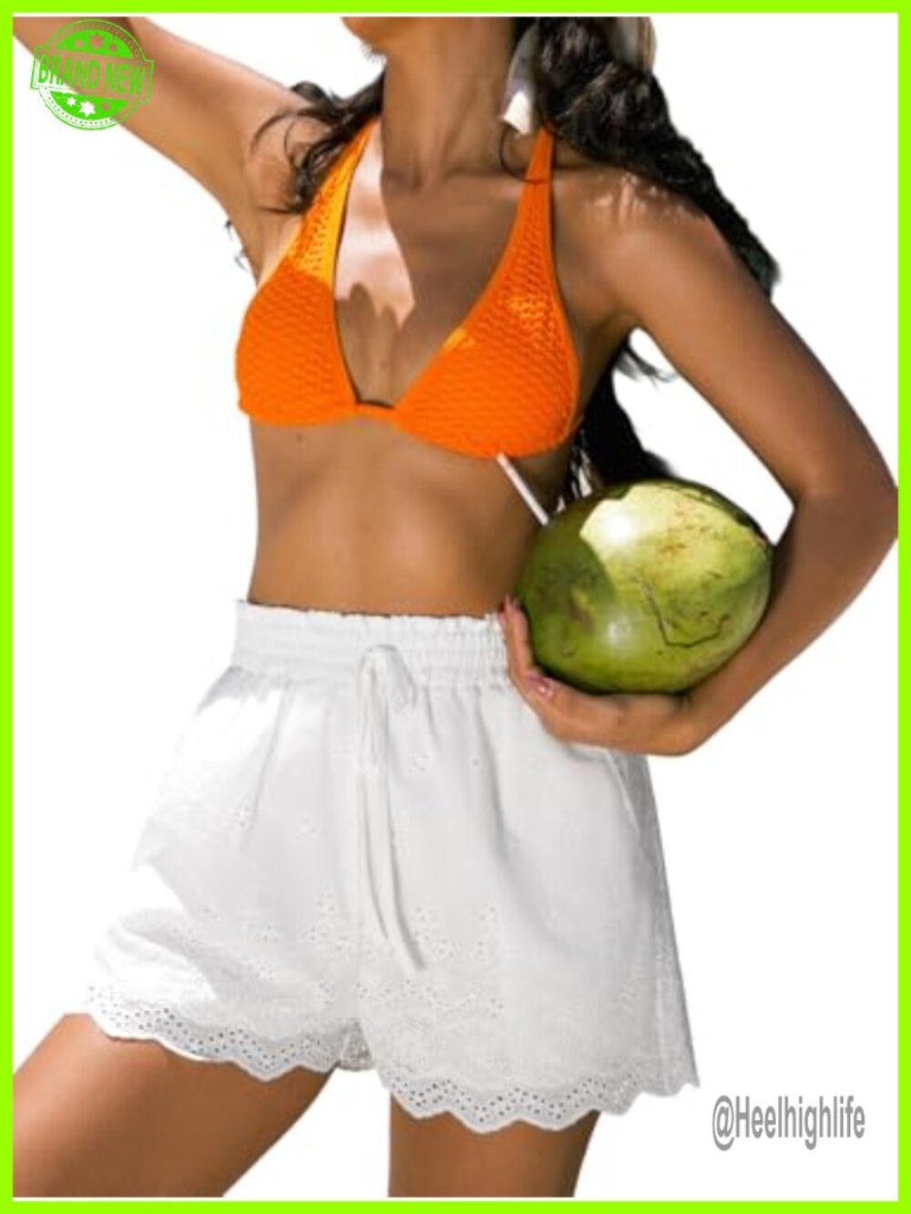 CUPSHE High Waist Eyelet Shorts Scalloped Drawstring Casual